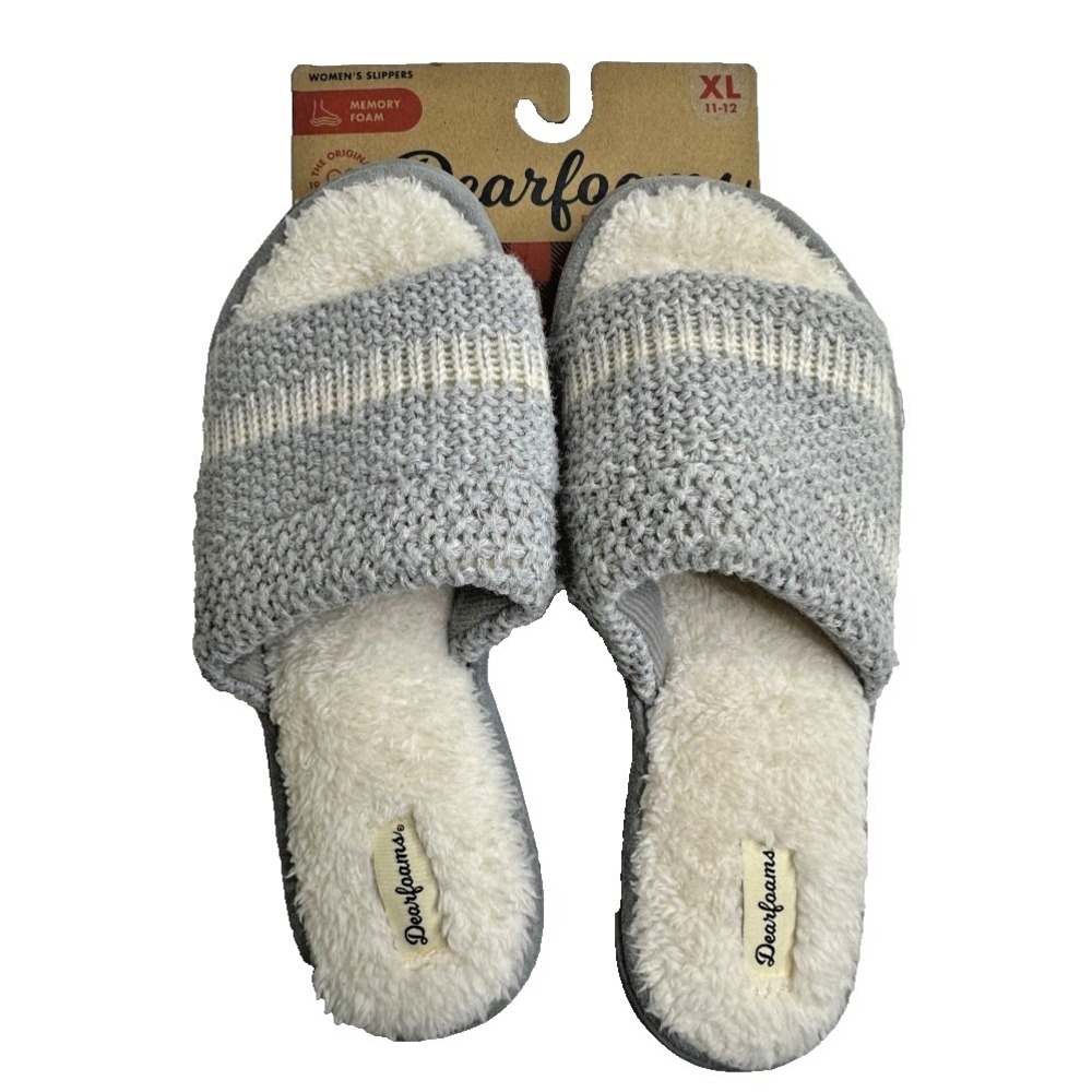 New Dearfoams Womens Slippers Memory Foam Slide Gray Stripes XL Sz 11-12 - Picture 1 of 7